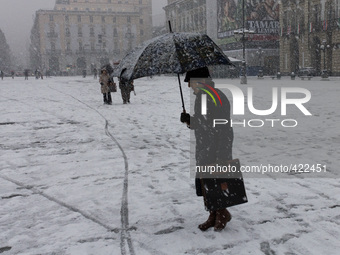 First plentiful snowfall in Turin with copious snowflakes, on February 5, 2015. (