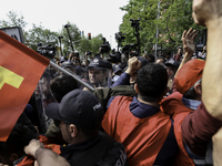 Protesters is arrested during a clash with police on a street in the Besiktas neighbourhood during a May Day demonstration on 1 May 2019 in...