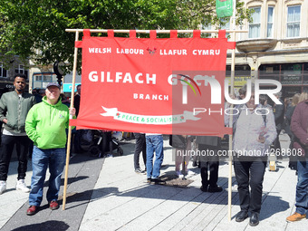 Trade Union members attend May Day March And Rally In Cardiff, Wales, on 1st May 2019.  (