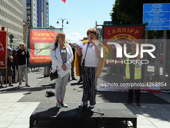 Maureen Harer and Denise Phillips attend May Day March And Rally In Cardiff, Wales, on 1st May 2019.  (