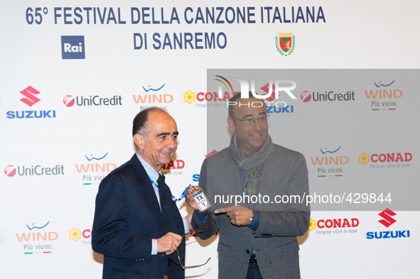 Director Rai 1 Giancarlo Leone and tv presenter Carlo Conti attends Sanremo 2015 Day 1 Photocall during the 65th Festival della Canzone Ital...