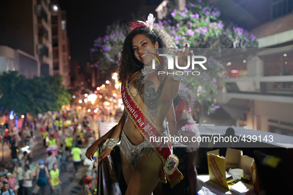 The 'Miss Sympathy' of a Carnival band dances samba on a Carnival parade in Augusta Street in Sao Paulo, Brazil on February 13, 2015. It is...