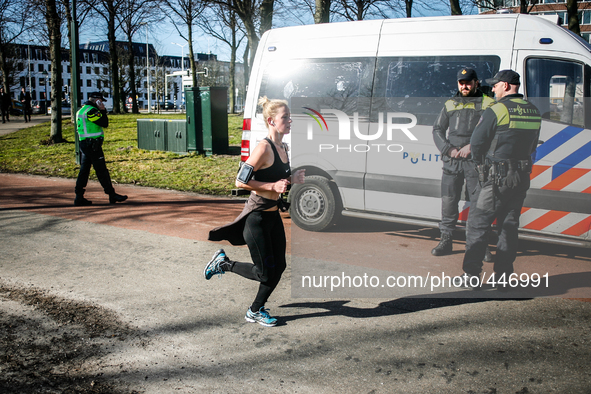 A runner with bare arms is seen on 18th February 2015 in The Hague, Netherlands. Temperatures this winter have been significantly above the...