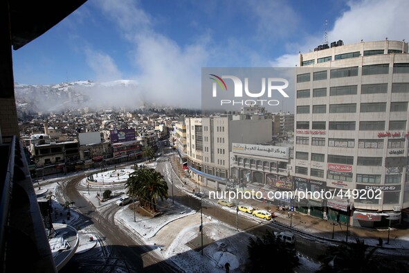 A general view of the snow on nablus center, on February 20, 2015  in the West Bank city of Nablus.

