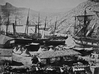 CRIMEA Balaclava -- 1855 -- Royal Navy ships unload supplies at Cossack Bay near Balaclava in the Crimea of what is now Ukraine to the Briti...