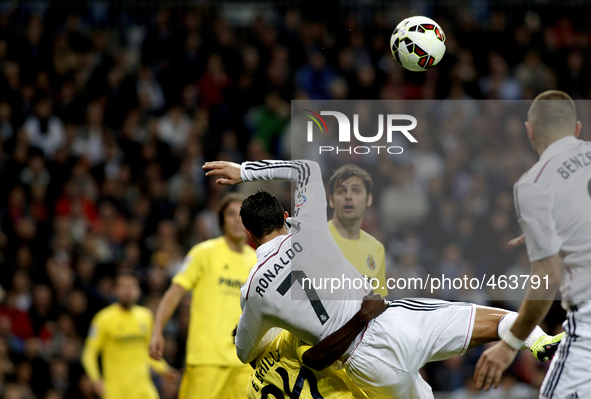 Real Madrid's Portuguese forward Cristiano Ronaldo  and Villarreal CF´s defender bailly during the Spanish League 2014/15 match between Real...