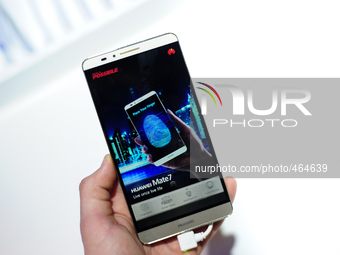 The new Huawei Mate 7, exhibited during the first day of Mobile World Congress 2015 in Barcelona, on March 2nd, 2015 (