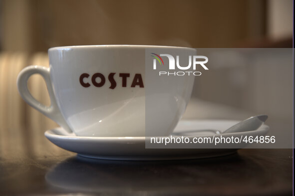 Steam rising out of a full Costa Coffee cup on Monday 2nd March 2015. 