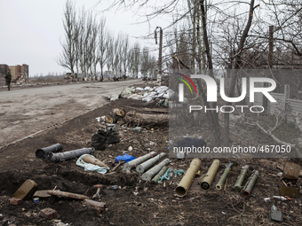 The weapons left on the abandoned ground by the Ukranian army on 2nd March 2015 in Uglegorsk, Ukraine .
The city was badly damaged by shell...