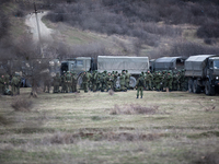 Alleged Russian troops next to the besieged Ukrainian Military Base in Perevalnoye near Simferopol, Crimea (Ukraine) on March 5th, 2014.
