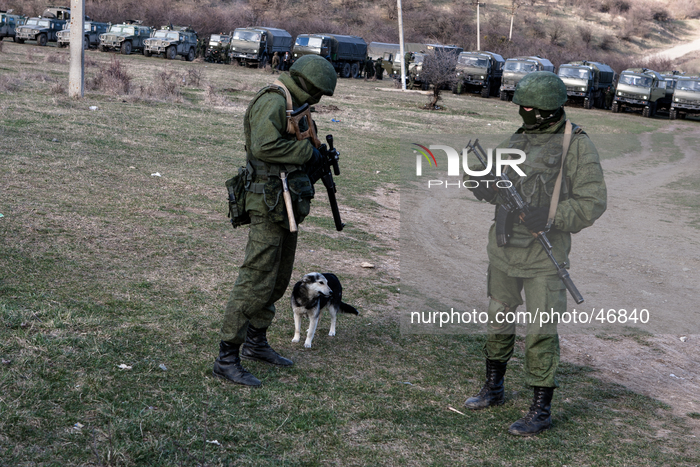 Alleged Russian soldiers in full body armor and armed with a assault rifles looking at stray dog next to the besieged Ukrainian Military Bas...