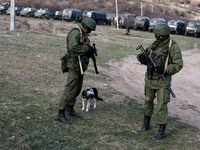 Alleged Russian soldiers in full body armor and armed with a assault rifles looking at stray dog next to the besieged Ukrainian Military Bas...