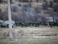 Alleged Russian troops next to the besieged Ukrainian Military Base in Perevalnoye near Simferopol, Crimea (Ukraine) on March 5th, 2014. (Ph...