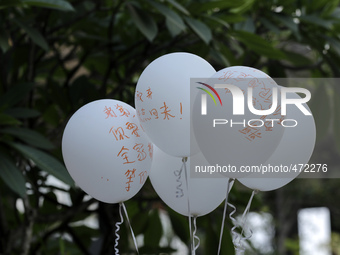 A message is written in Chinese language on a ballon for the missing Malaysian Airlines MH370 during the Day of Remembrance for MH370 in Kua...