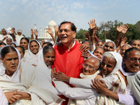 A group of widows from Varanasi and Vrindavan with Founder of Sulabh International Dr. Bindeshwar Pathak to visit Taj Mahal to celebrate Int...