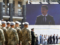 Ukrainian President  Volodymyr Zelensky speaks during a ceremony at the Independence Square in Kiev, Ukraine, on 24 August, 2019. Ukrainians...
