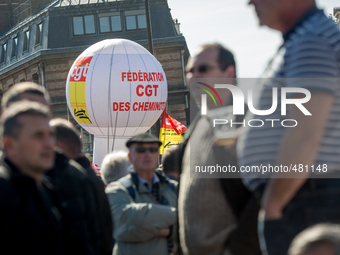 A gathering of the railways retiree staff took place today, March 12, 2015 near St Lazare Station at Europe Square, in Paris, France. The ga...