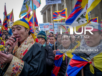 Protestors yelling China out of tibet during a European rally marking a failed 1959 uprising against China on March 14, 2015 in Paris. That...