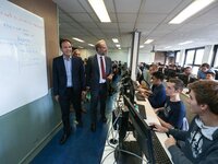 French Junior Minister for Digital affairs Cedric O (center, blue shirt) visits, on September 9th, 2019, the EPITA (from the French Ecole po...