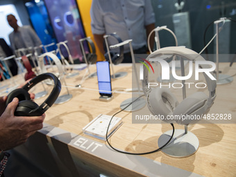 Headphones at TCL boot during the international electronics and innovation fair IFA in Berlin on September 10, 2019. (