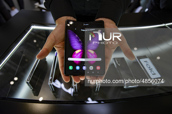 New Samsung 5G Fold smartphone is pictured during the international electronics and innovation fair IFA in Berlin on September 11, 2019. 