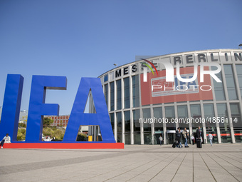 IFA logo at the Berlin Fair during the international electronics and innovation fair IFA in Berlin on September 11, 2019. (