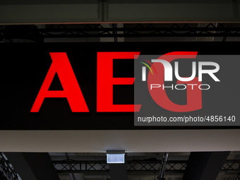 The logo of AEG during the international electronics and innovation fair IFA in Berlin on September 11, 2019. (