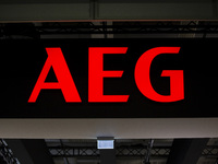 The logo of AEG during the international electronics and innovation fair IFA in Berlin on September 11, 2019. (