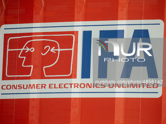 IFA logo during the international electronics and innovation fair IFA in Berlin on September 11, 2019. (