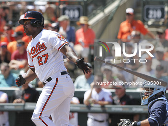 Baltimore Orioles designated hitter Delmon Young (27) bats during the third inning Saturday, March 14, 2015 during a Spring Training game ag...