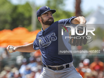 Tampa Bay Rays starting pitcher Nathan Karns (51) faces Baltimore during the first inning Saturday, March 14, 2015 at Ed Smith Stadium in Sa...
