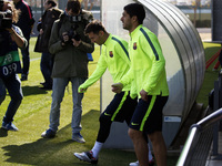 17 March- BARCELONA SPAIN: Leo Messi and Luis Suarez in the training before the match of the Champions League against Manchester City, held...
