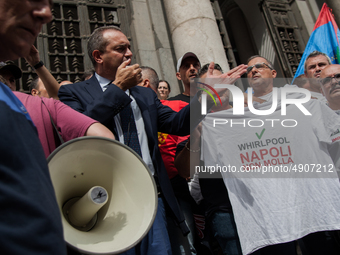 Employees of Whirlpool protest in Naples, Italy on September 23, 2019. Employees of the Naples office furious at the company's decision to p...
