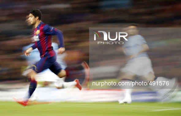 BARCELONA, SPAIN - MARCH 18: Luis Suarez during the UEFA Champions League round of 16 match between FC Barcelona and Manchester City at Camp...