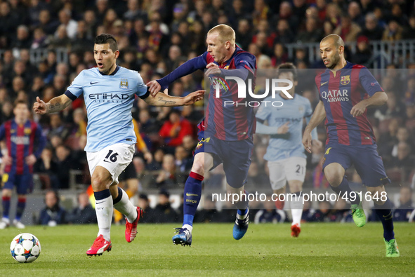 BARCELONA, SPAIN - MARCH 18: Sergio Aguero, Jeremy Mathieu and Javier Mascherano during the UEFA Champions League round of 16 match between...