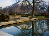 SRINAGAR, INDIAN ADMINISTERED KASHMIR, INDIA - MARCH 19: Snow capped Zabaran mountains are reflected on Shalimar Mughal garden fountain on M...