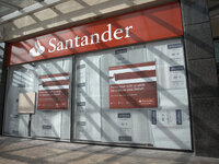 A former fashion store retail unit changing in to a branch of the Santander bank in central Stockport, on Wednesday 18th March 2015. -- A re...