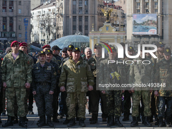 Volunteers of General Kulchycky battalion have a meeting on Independence square in Kiev on March 20, 2015. Ukraine marks the first anniversa...