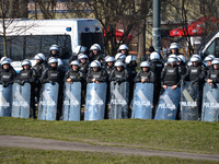Reinforced security for the derby match between Wisla Krakow and Cracovia Krakow, a Polish Ekstraklasa league match at Reymont's Stadium in...