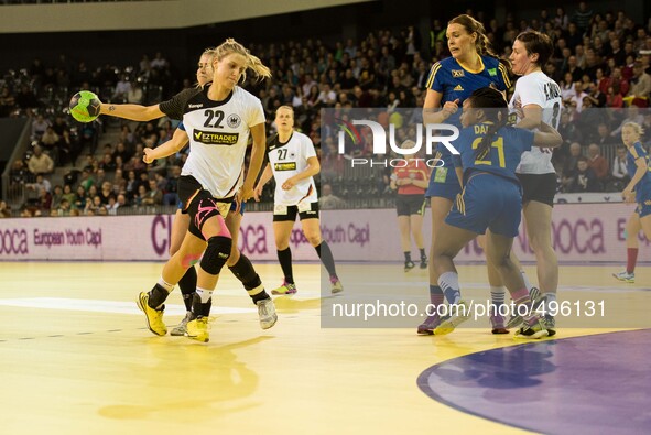March 20, 2015: Susan Muller #22 of Germany National Team  and Dafe Edijana #21 of Sweden National Team  in action during the women's Carpat...