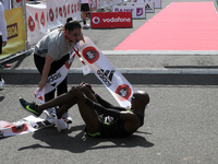 The british Mo Farah cross the finish line and fall down in the Lisbon Half-Marathon 2015 on the 22th of March, 2015 ( 