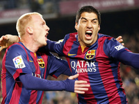 BARCELONA - jmarch 22- SPAIN: Jeremy Mathieu and Luis Suarez goal celebration in the match between FC Barcelona and Real Madrid, for the wee...