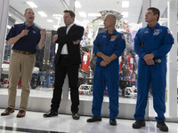 NASA administrator Jim Bridenstine, NASA astronauts Bob Behnken, Doug Hurley and SpaceX Chief Engineer Elon Musk speak to media in front of...