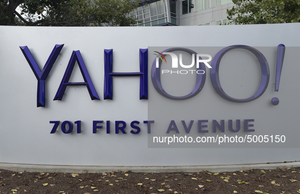 Yahoo logo is seen at its office in Sunnyvale, California on October 16, 2019. 3 billion Yahoo accounts are struck by multiple data breaches...