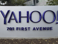 Yahoo logo is seen at its office in Sunnyvale, California on October 16, 2019. 3 billion Yahoo accounts are struck by multiple data breaches...