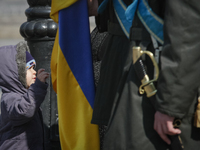Little kid watches the Honor Guard soldiers during the funeral ceremony of the Aidar battalion servicemen, who were killed in the eastern Uk...