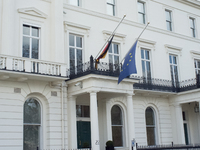 The Flags of the German and Spanish embassies where at at half mast on March 25, 2015 in London in mourning those who died in the Germanwing...