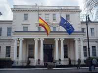 The Flags of the German and Spanish embassies where at at half mast on March 25, 2015 in London in mourning those who died in the Germanwing...