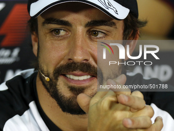 Spanish F1 driver Fernando Alonso of Mc Laren Honda smiles during a press conference ahead of Malaysian Formula One Grand Prix at Sepang Int...