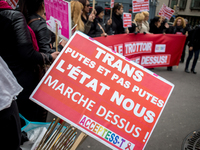 Sexual work union (STRAS) members gather to protest against a plan to penalized the clients of prostitution, on March 28, 2015 in Paris. (
